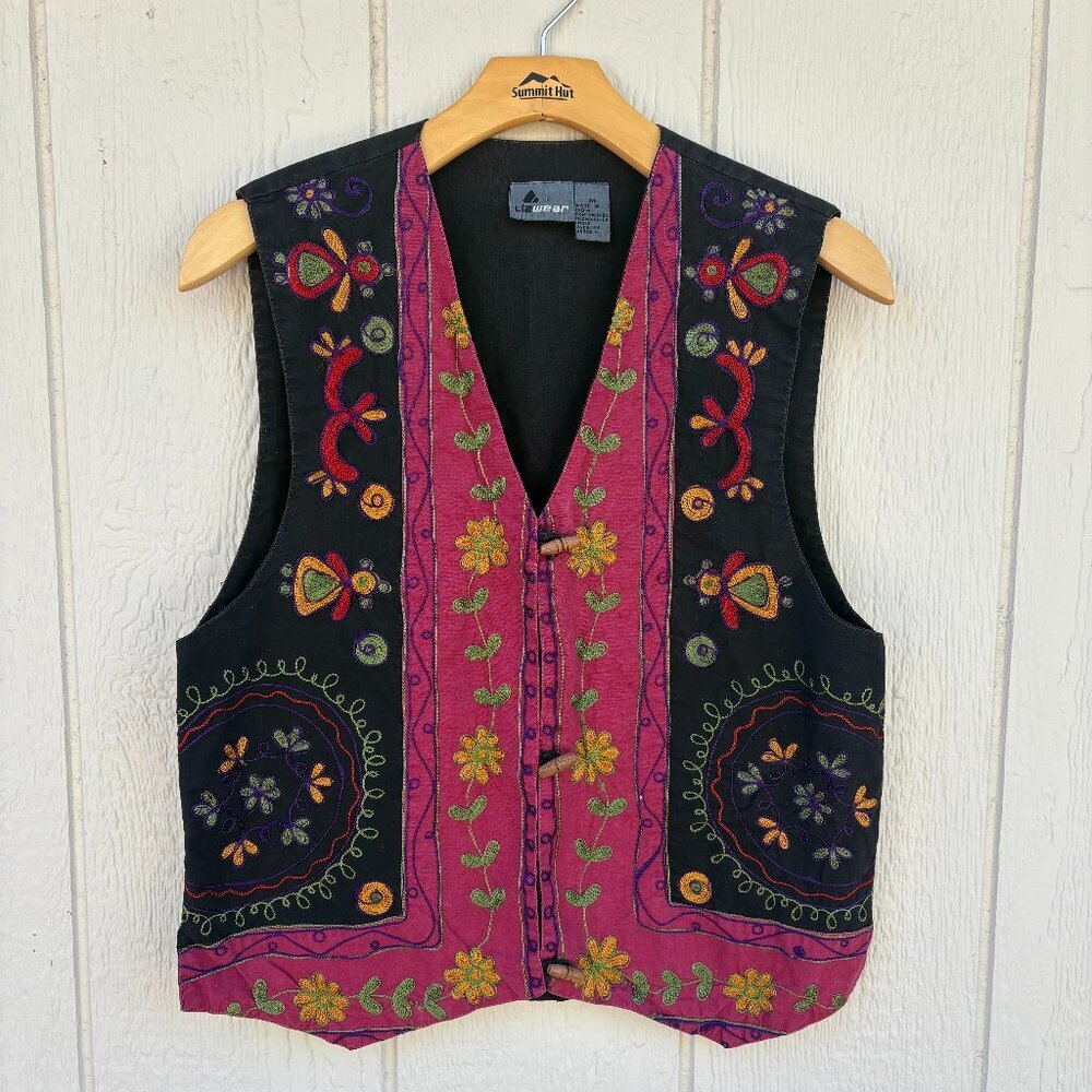 Vintage Liz Wear Embroidered Vest Women's Medium Black Magenta Floral Cottage